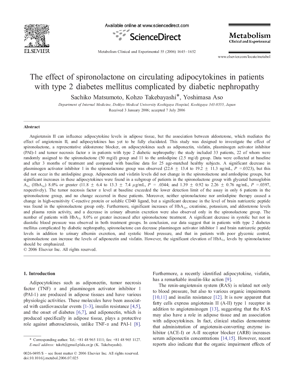 The effect of spironolactone on circulating adipocytokines in patients with type 2 diabetes mellitus complicated by diabetic nephropathy