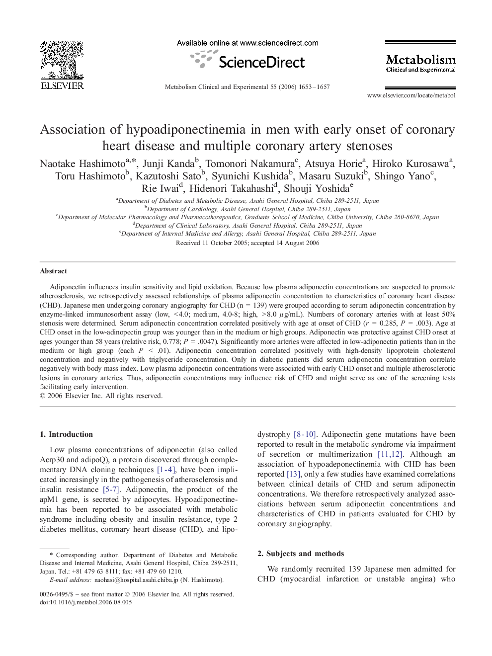 Association of hypoadiponectinemia in men with early onset of coronary heart disease and multiple coronary artery stenoses