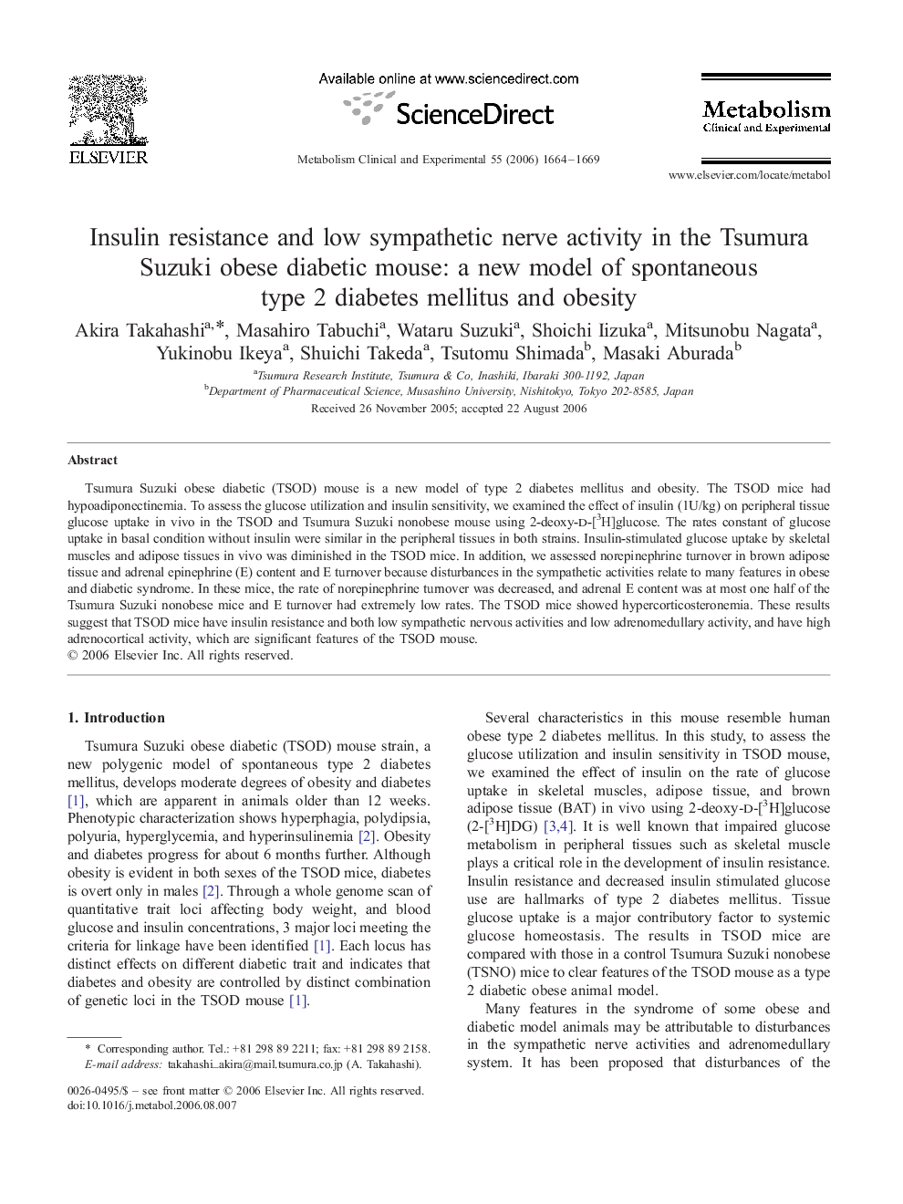 Insulin resistance and low sympathetic nerve activity in the Tsumura Suzuki obese diabetic mouse: a new model of spontaneous type 2 diabetes mellitus and obesity