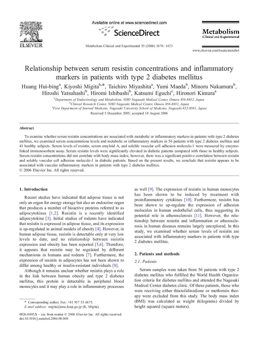 Relationship between serum resistin concentrations and inflammatory markers in patients with type 2 diabetes mellitus