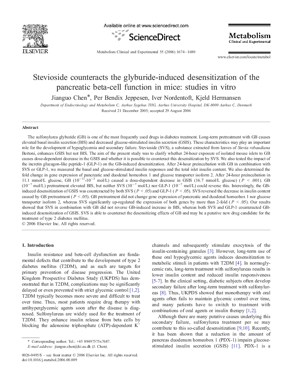 Stevioside counteracts the glyburide-induced desensitization of the pancreatic beta-cell function in mice: studies in vitro