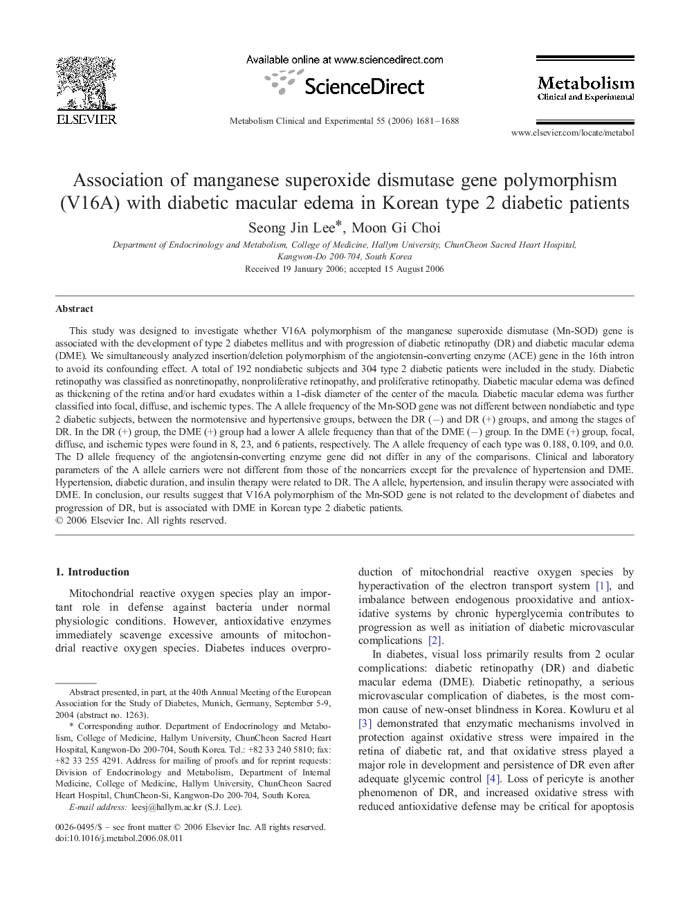 عکس صفحه اول مقاله: Association of manganese superoxide dismutase gene polymorphism (V16A) with diabetic macular edema in Korean type 2 diabetic patients Association of manganese superoxide dismutase gene polymorphism (V16A) with diabetic macular edema in Korean type 2 diabetic patients
