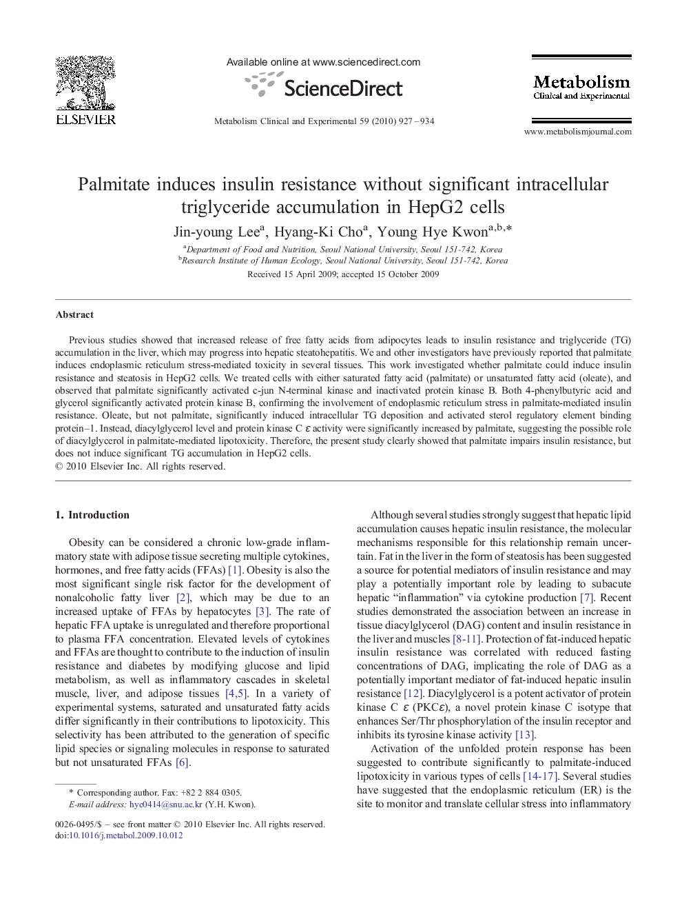 Palmitate induces insulin resistance without significant intracellular triglyceride accumulation in HepG2 cells