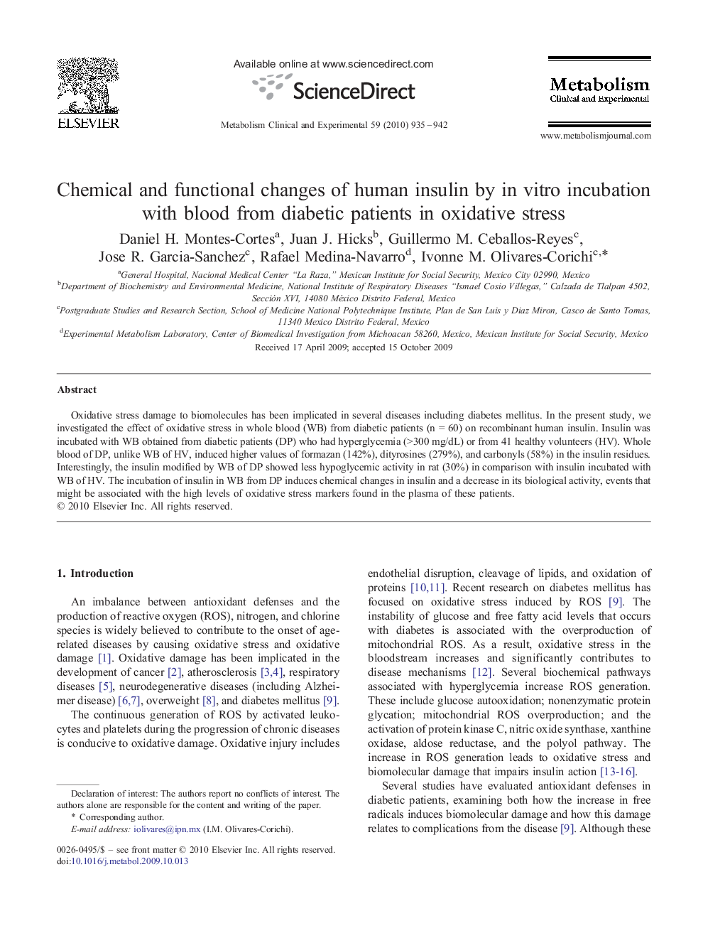 Chemical and functional changes of human insulin by in vitro incubation with blood from diabetic patients in oxidative stress 