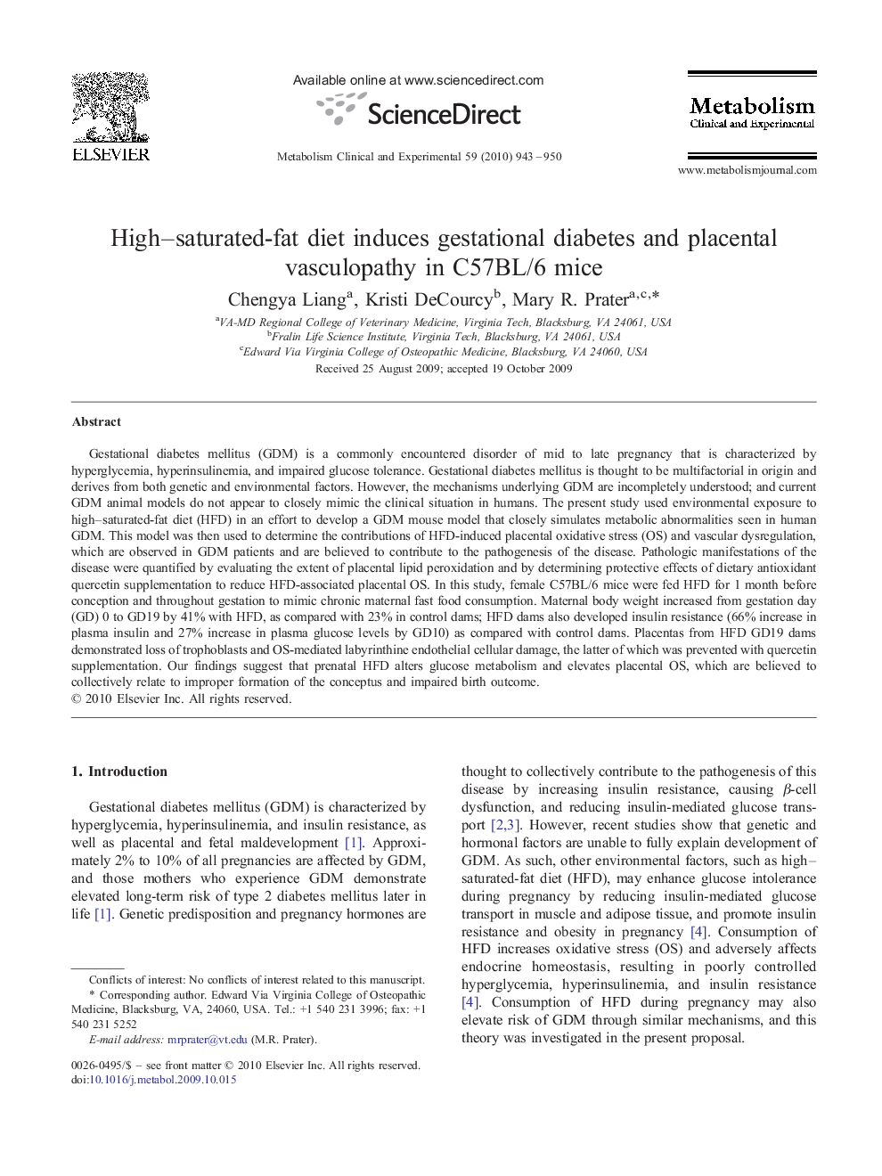 High–saturated-fat diet induces gestational diabetes and placental vasculopathy in C57BL/6 mice 