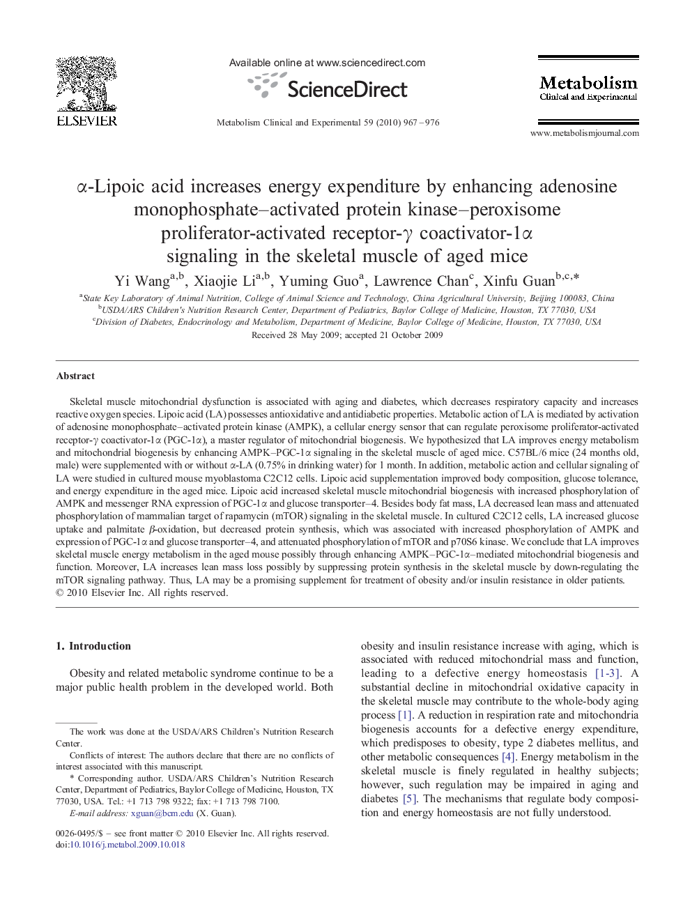 α-Lipoic acid increases energy expenditure by enhancing adenosine monophosphate–activated protein kinase–peroxisome proliferator-activated receptor-γ coactivator-1α signaling in the skeletal muscle of aged mice 