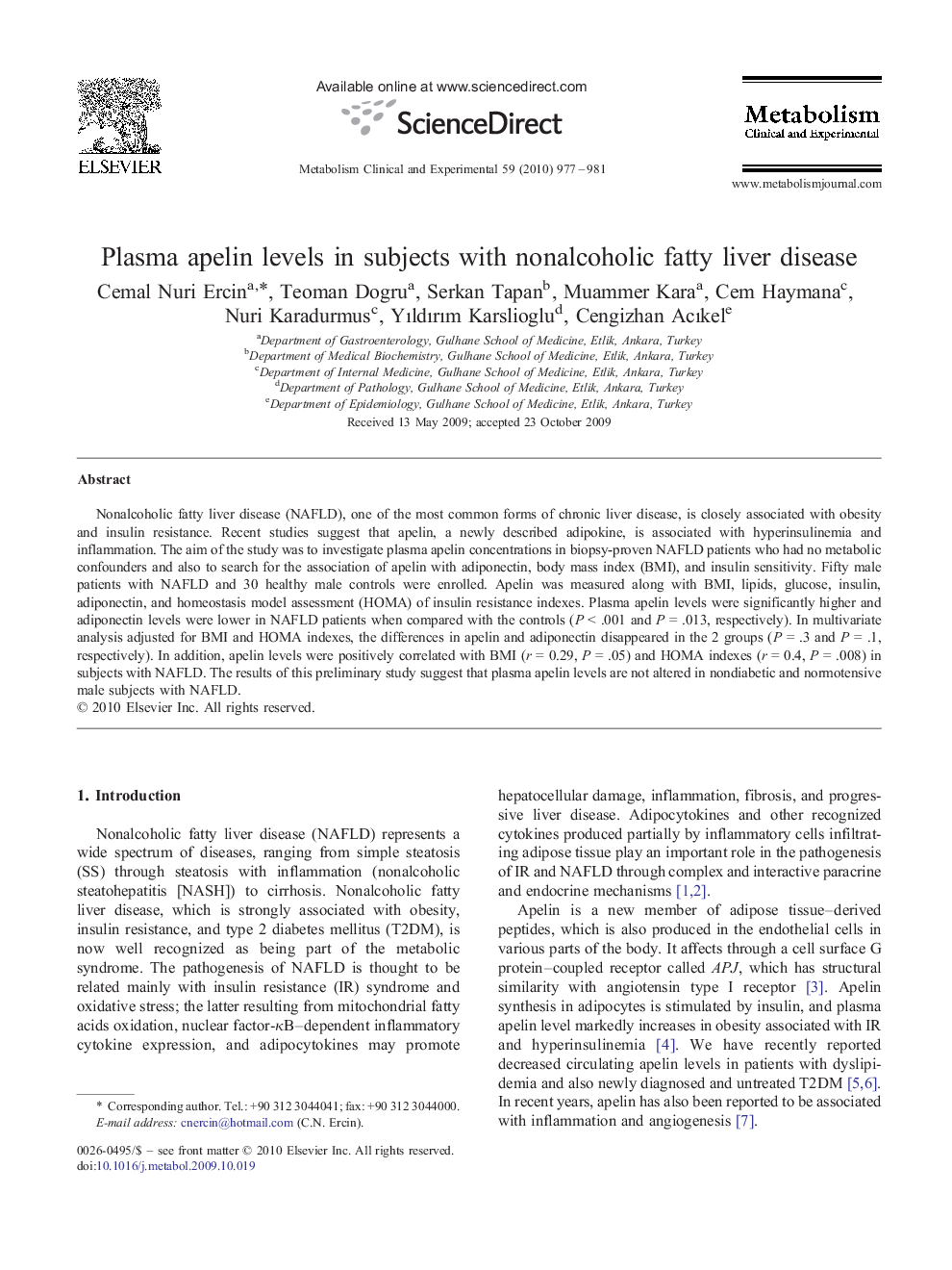 Plasma apelin levels in subjects with nonalcoholic fatty liver disease