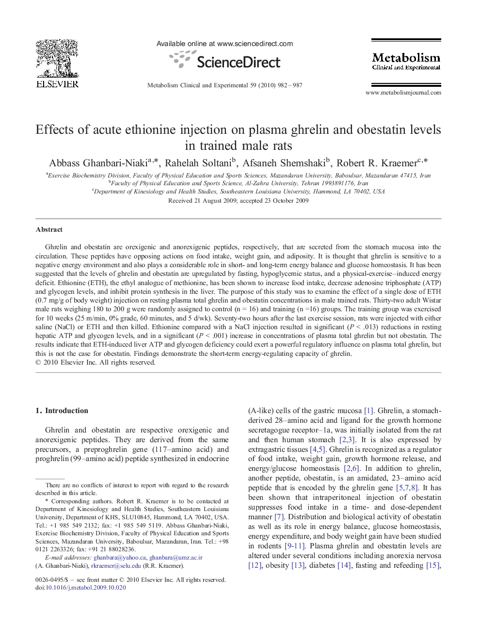Effects of acute ethionine injection on plasma ghrelin and obestatin levels in trained male rats 