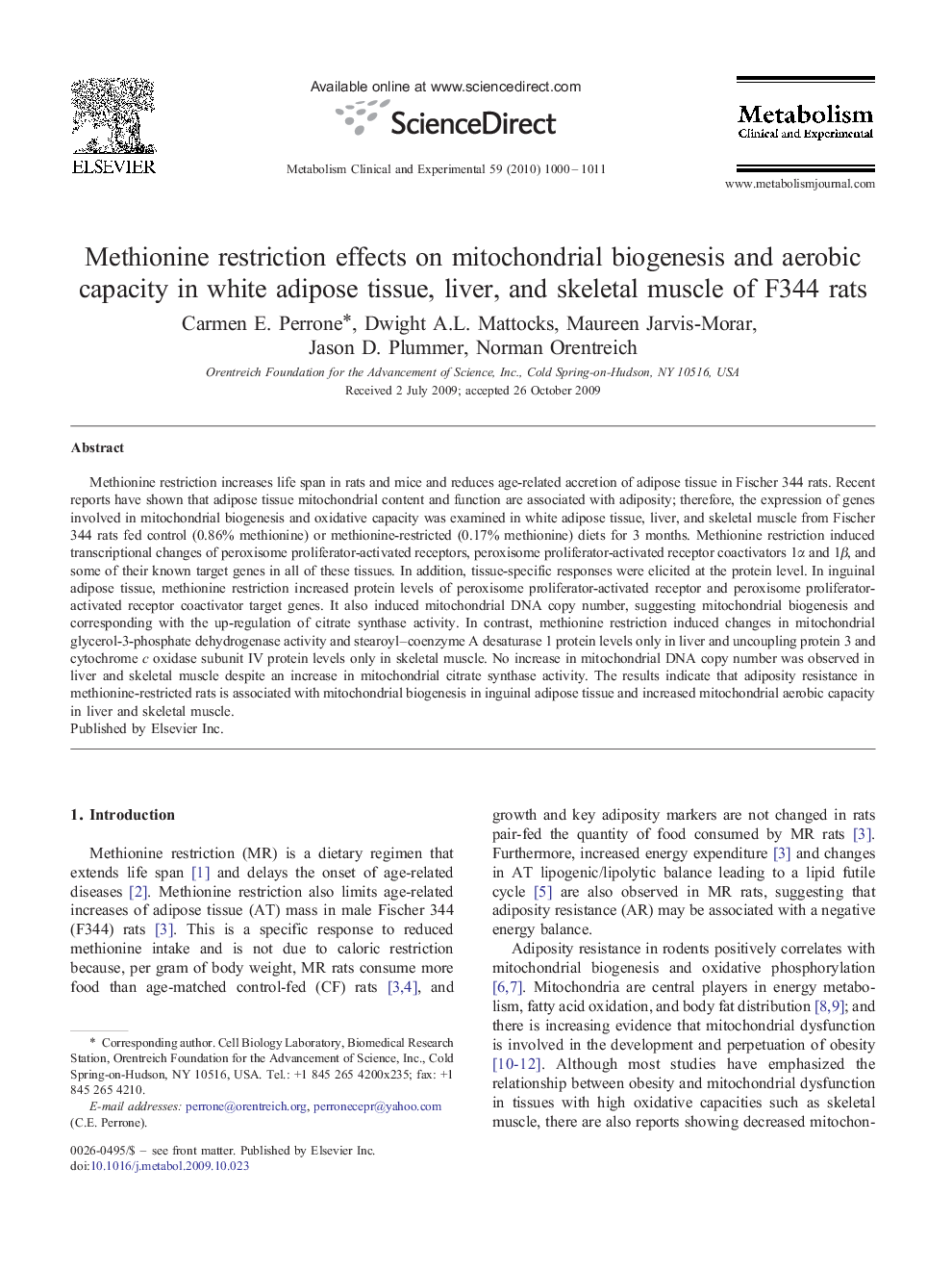Methionine restriction effects on mitochondrial biogenesis and aerobic capacity in white adipose tissue, liver, and skeletal muscle of F344 rats