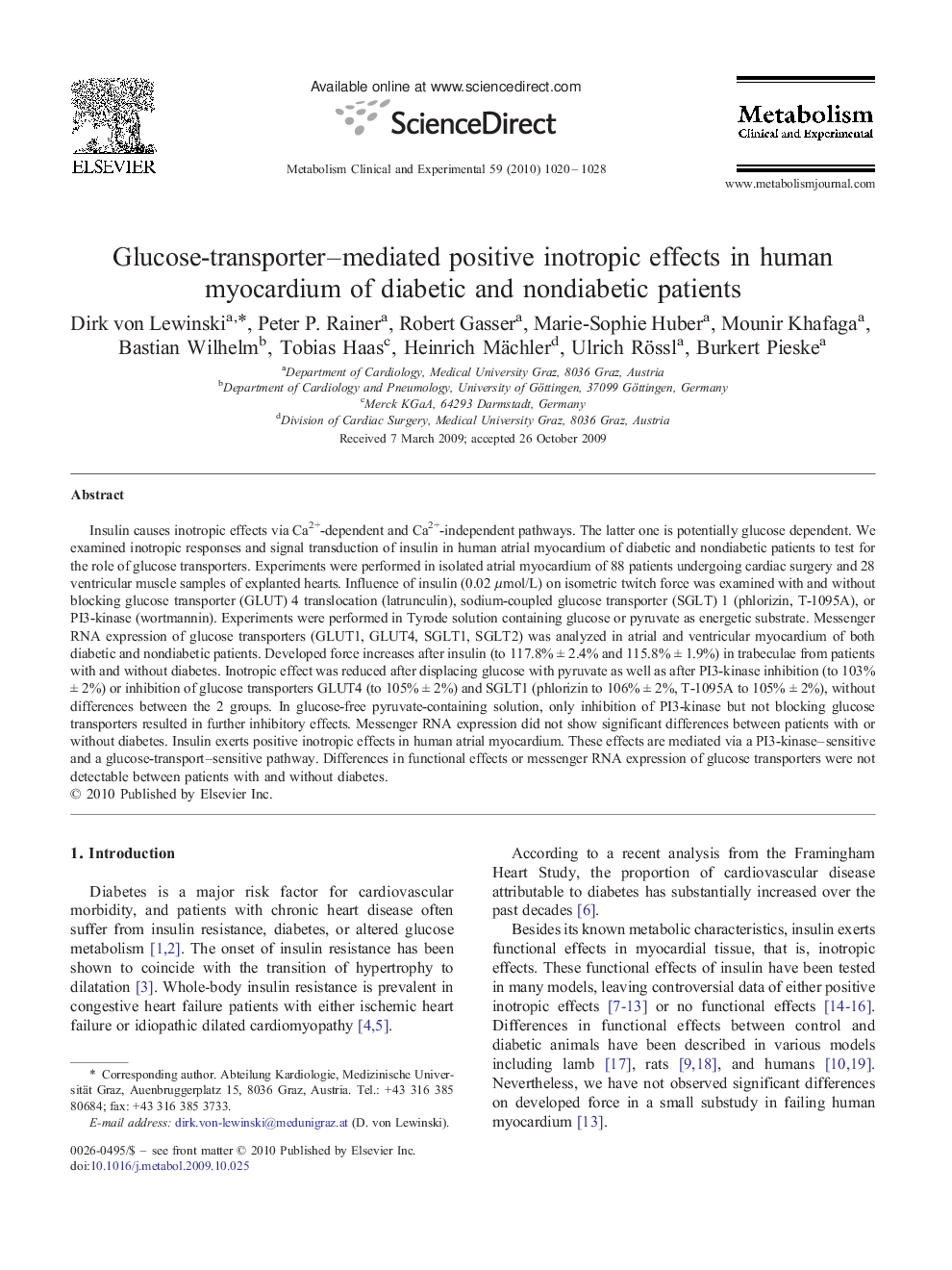Glucose-transporter–mediated positive inotropic effects in human myocardium of diabetic and nondiabetic patients