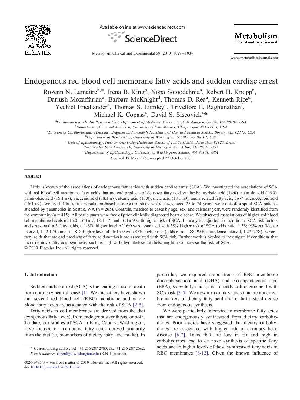 Endogenous red blood cell membrane fatty acids and sudden cardiac arrest