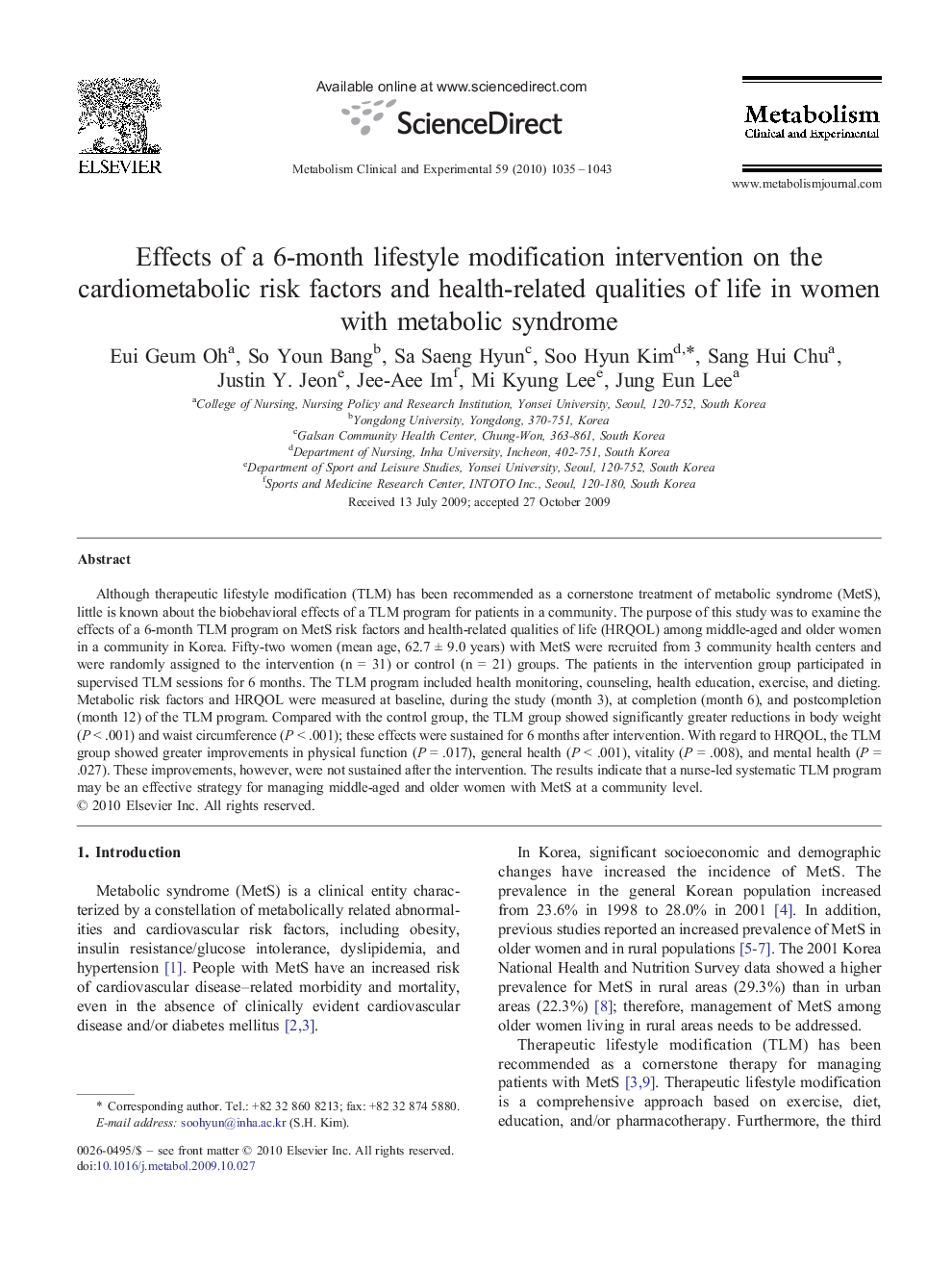 Effects of a 6-month lifestyle modification intervention on the cardiometabolic risk factors and health-related qualities of life in women with metabolic syndrome