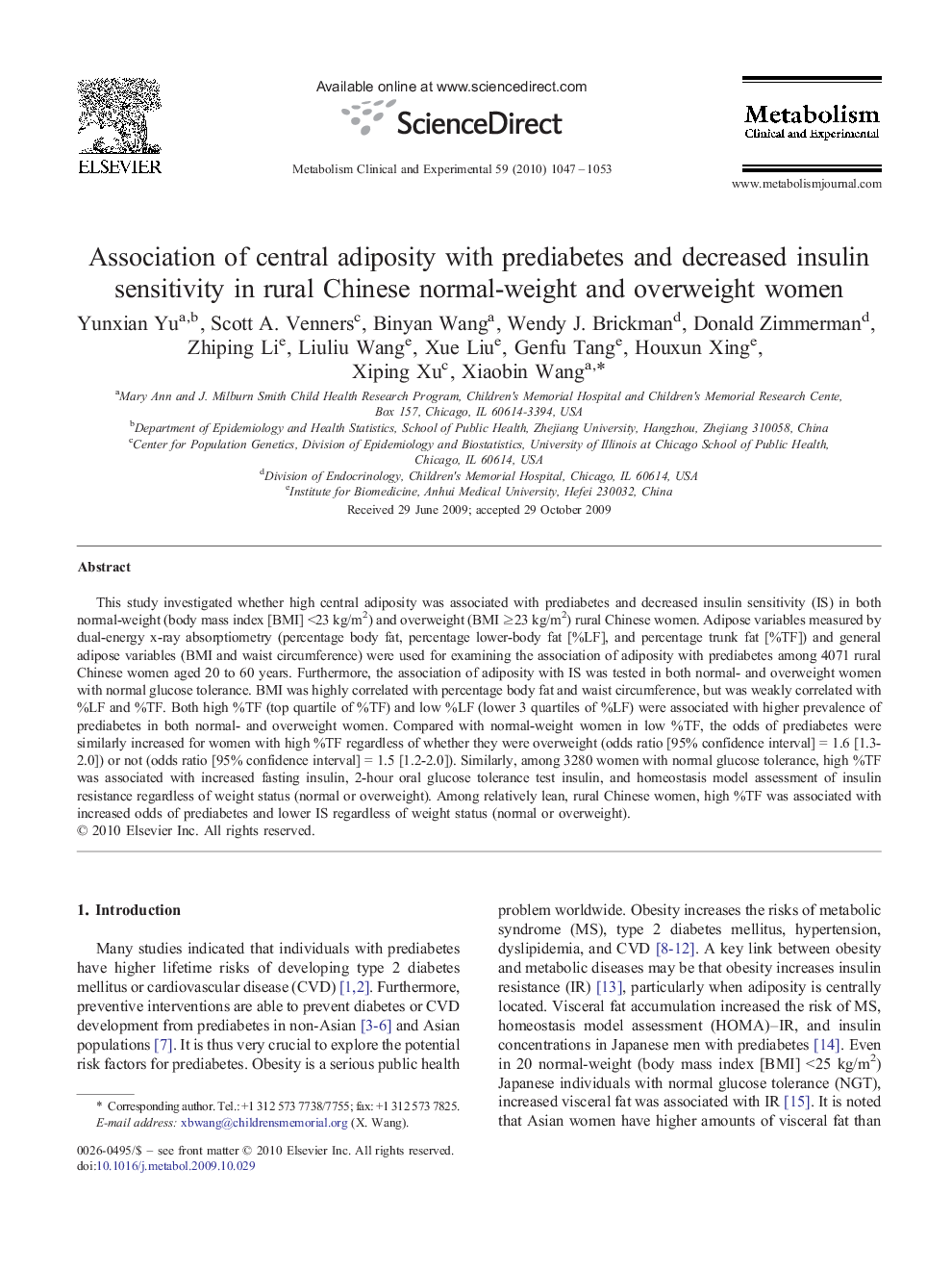 Association of central adiposity with prediabetes and decreased insulin sensitivity in rural Chinese normal-weight and overweight women