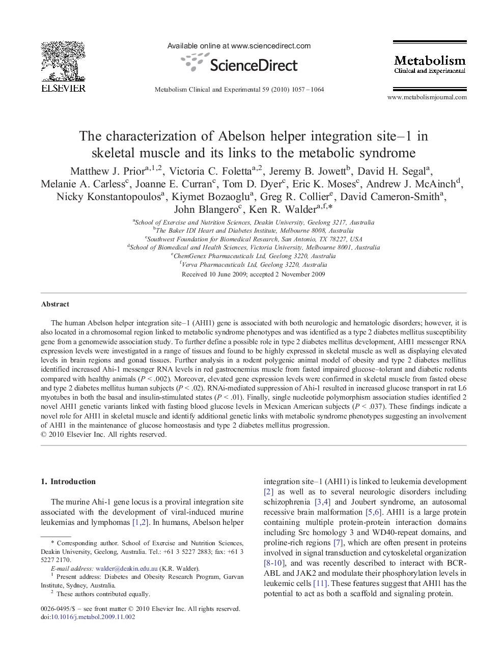 The characterization of Abelson helper integration site–1 in skeletal muscle and its links to the metabolic syndrome