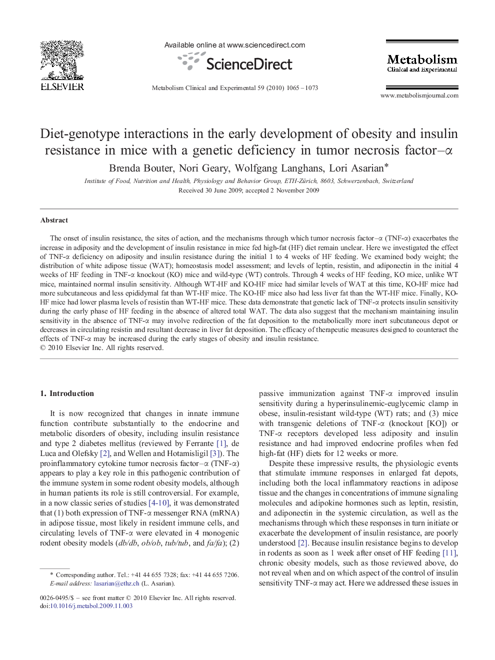 Diet-genotype interactions in the early development of obesity and insulin resistance in mice with a genetic deficiency in tumor necrosis factor–α
