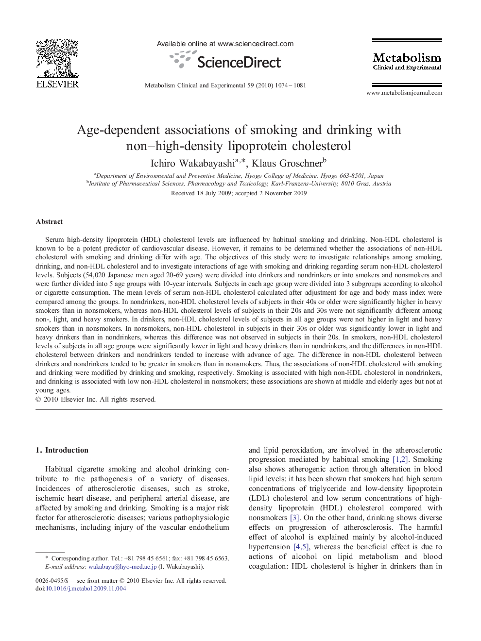 Age-dependent associations of smoking and drinking with non–high-density lipoprotein cholesterol