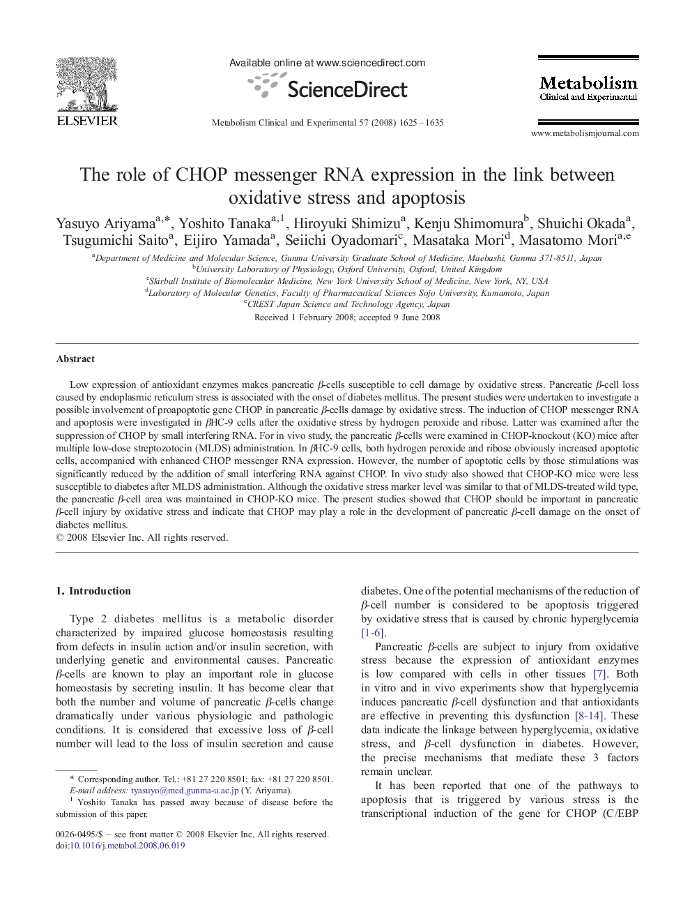 The role of CHOP messenger RNA expression in the link between oxidative stress and apoptosis