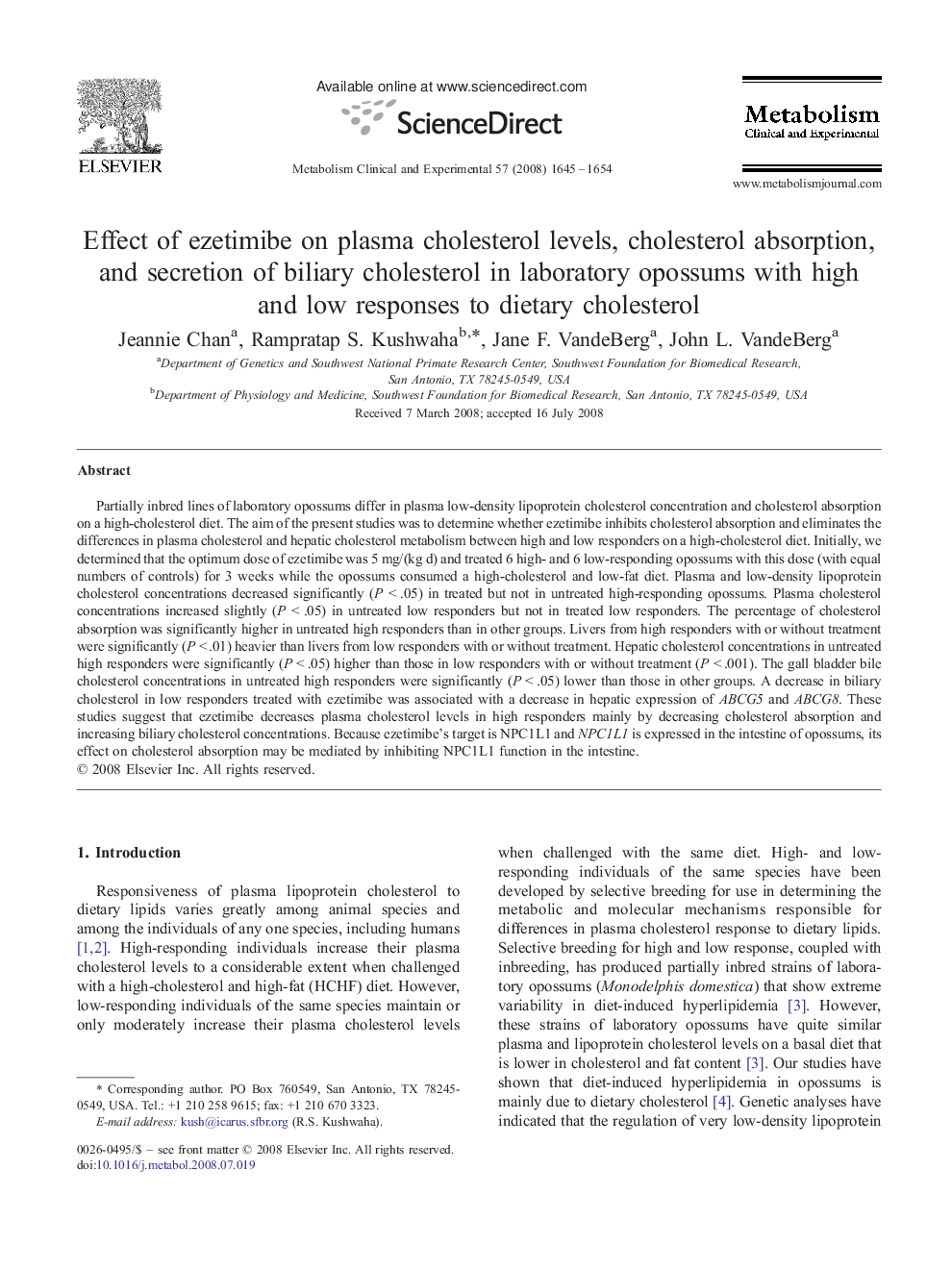 Effect of ezetimibe on plasma cholesterol levels, cholesterol absorption, and secretion of biliary cholesterol in laboratory opossums with high and low responses to dietary cholesterol