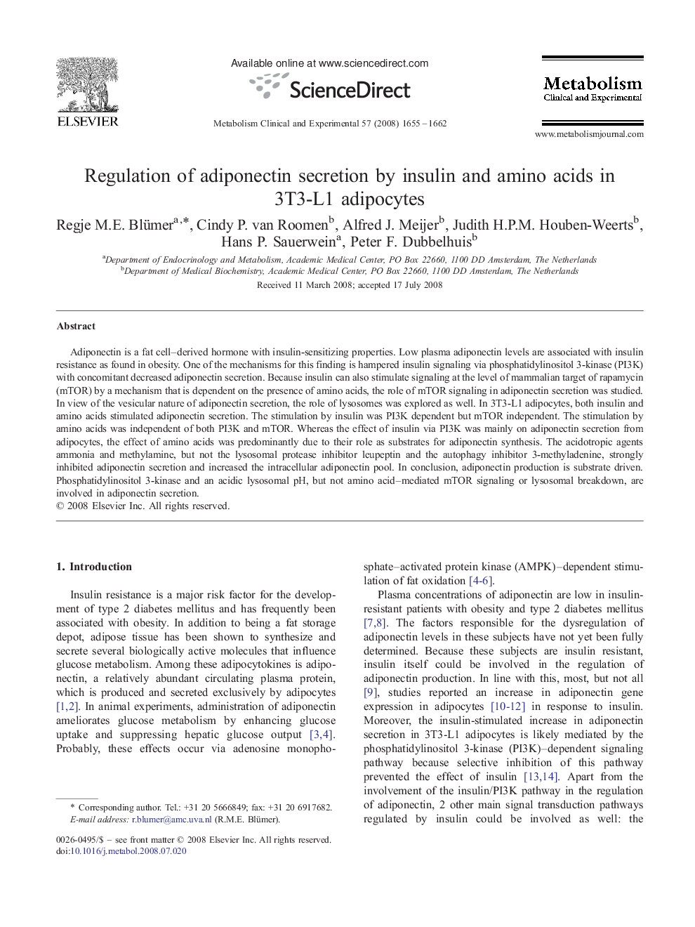 Regulation of adiponectin secretion by insulin and amino acids in 3T3-L1 adipocytes