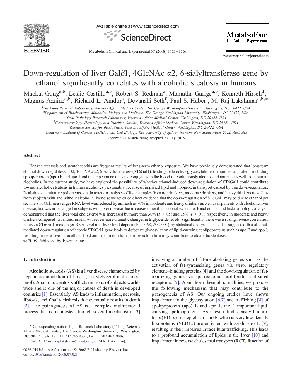 Down-regulation of liver Galβ1, 4GlcNAc α2, 6-sialyltransferase gene by ethanol significantly correlates with alcoholic steatosis in humans