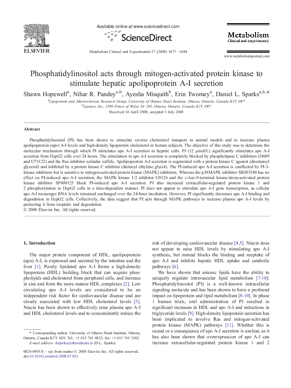 Phosphatidylinositol acts through mitogen-activated protein kinase to stimulate hepatic apolipoprotein A-I secretion