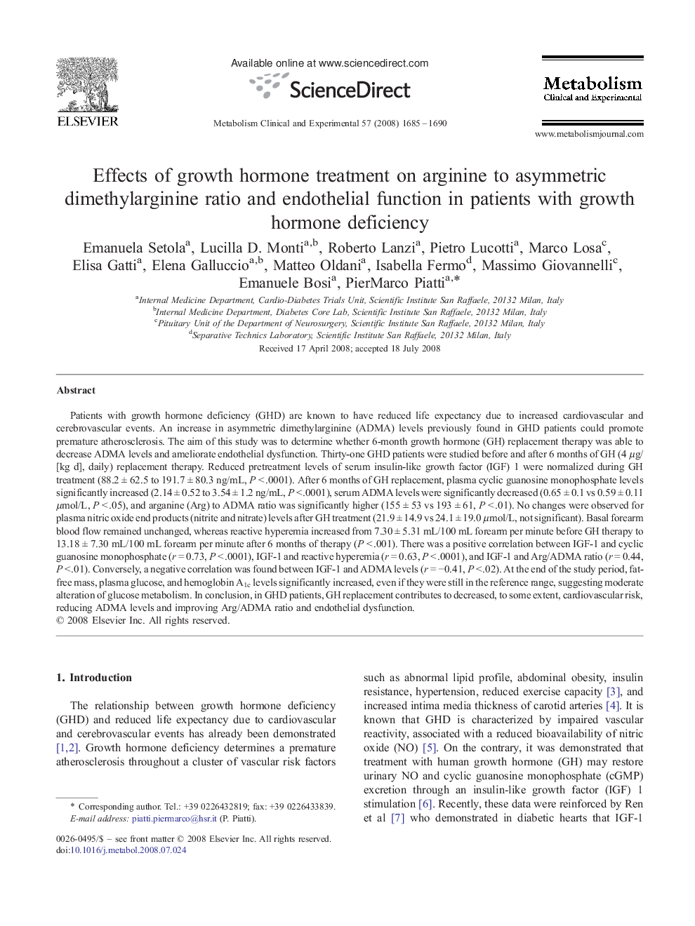 Effects of growth hormone treatment on arginine to asymmetric dimethylarginine ratio and endothelial function in patients with growth hormone deficiency