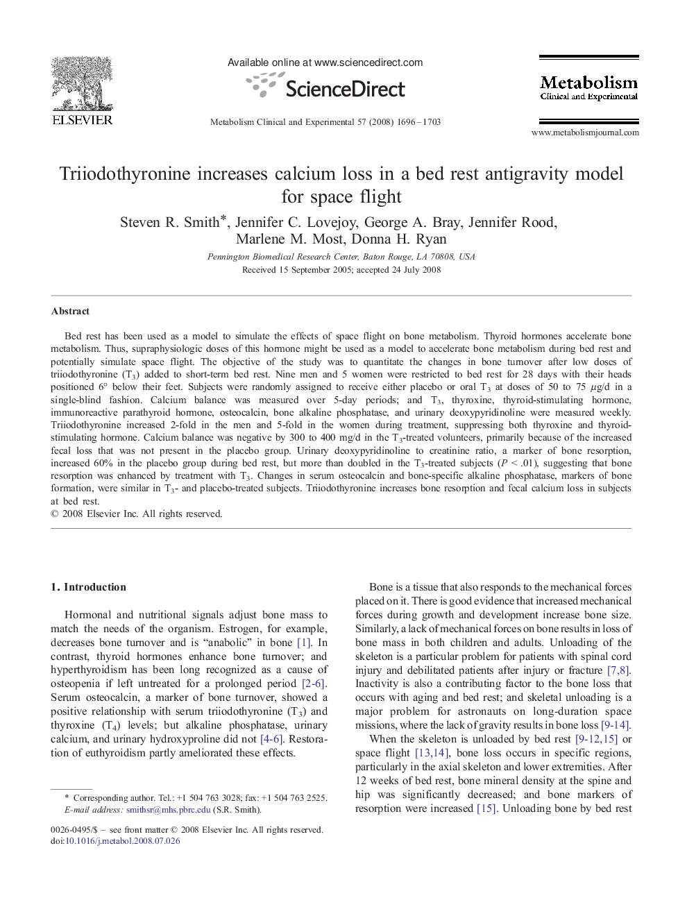 Triiodothyronine increases calcium loss in a bed rest antigravity model for space flight