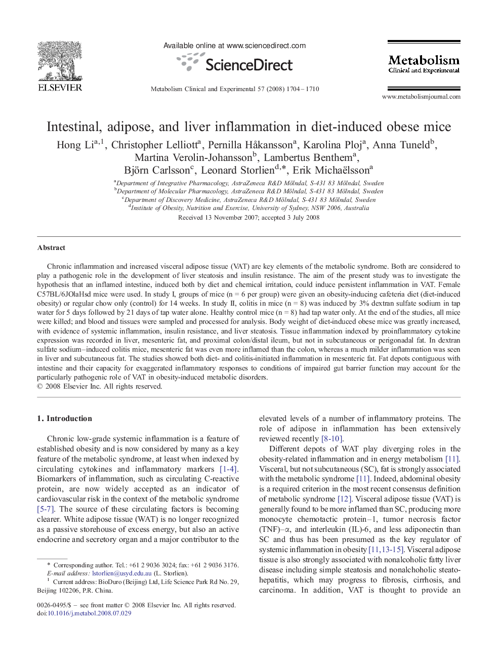 Intestinal, adipose, and liver inflammation in diet-induced obese mice