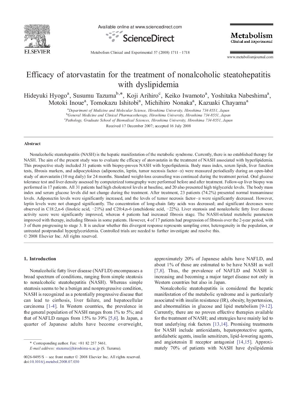 Efficacy of atorvastatin for the treatment of nonalcoholic steatohepatitis with dyslipidemia