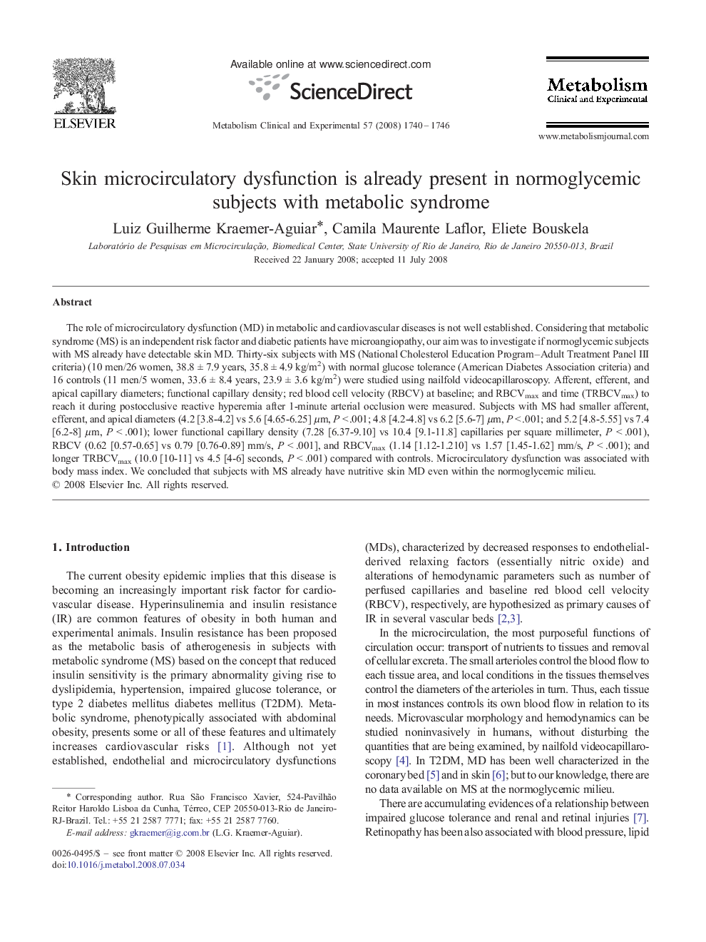 Skin microcirculatory dysfunction is already present in normoglycemic subjects with metabolic syndrome