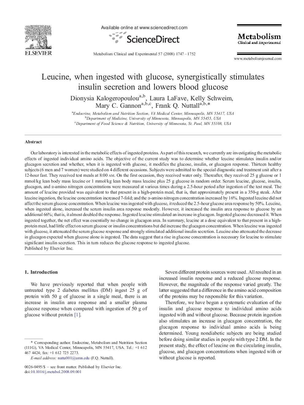 Leucine, when ingested with glucose, synergistically stimulates insulin secretion and lowers blood glucose