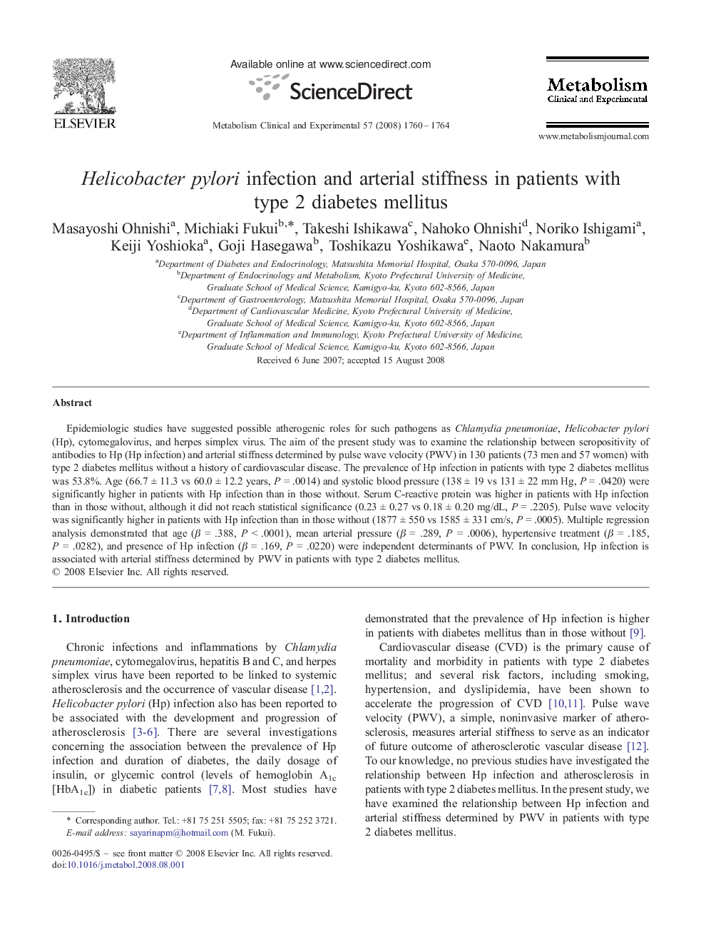 Helicobacter pylori infection and arterial stiffness in patients with type 2 diabetes mellitus