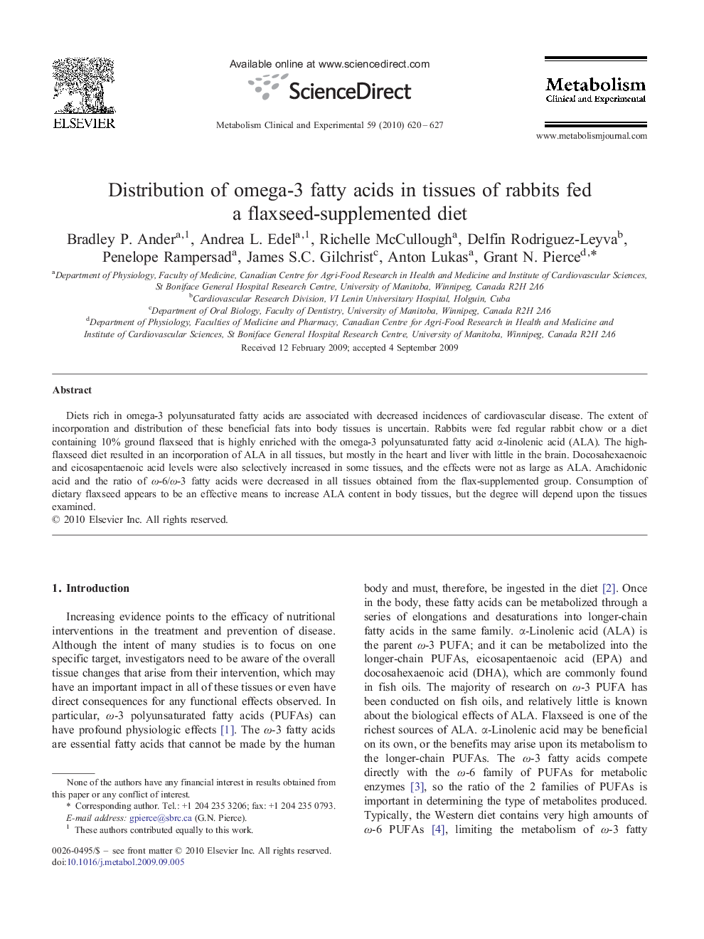 Distribution of omega-3 fatty acids in tissues of rabbits fed a flaxseed-supplemented diet 