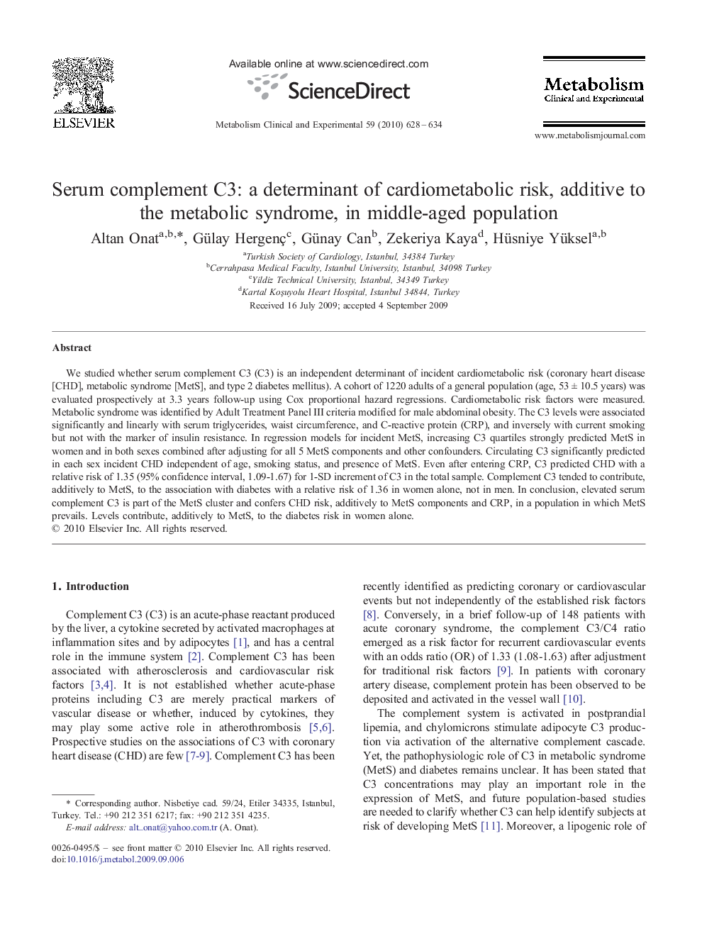 Serum complement C3: a determinant of cardiometabolic risk, additive to the metabolic syndrome, in middle-aged population