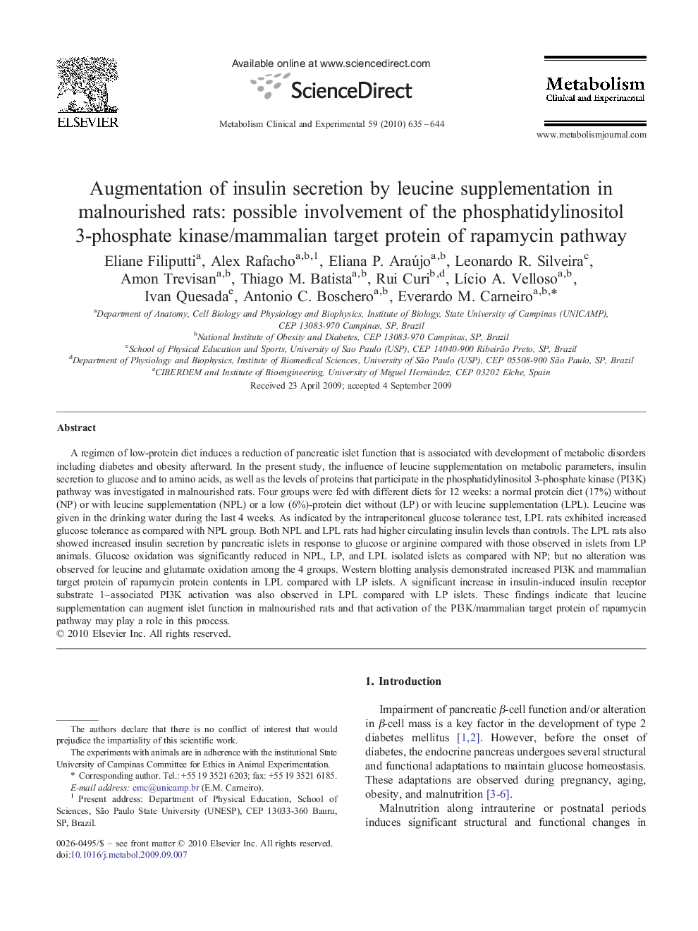 Augmentation of insulin secretion by leucine supplementation in malnourished rats: possible involvement of the phosphatidylinositol 3-phosphate kinase/mammalian target protein of rapamycin pathway 