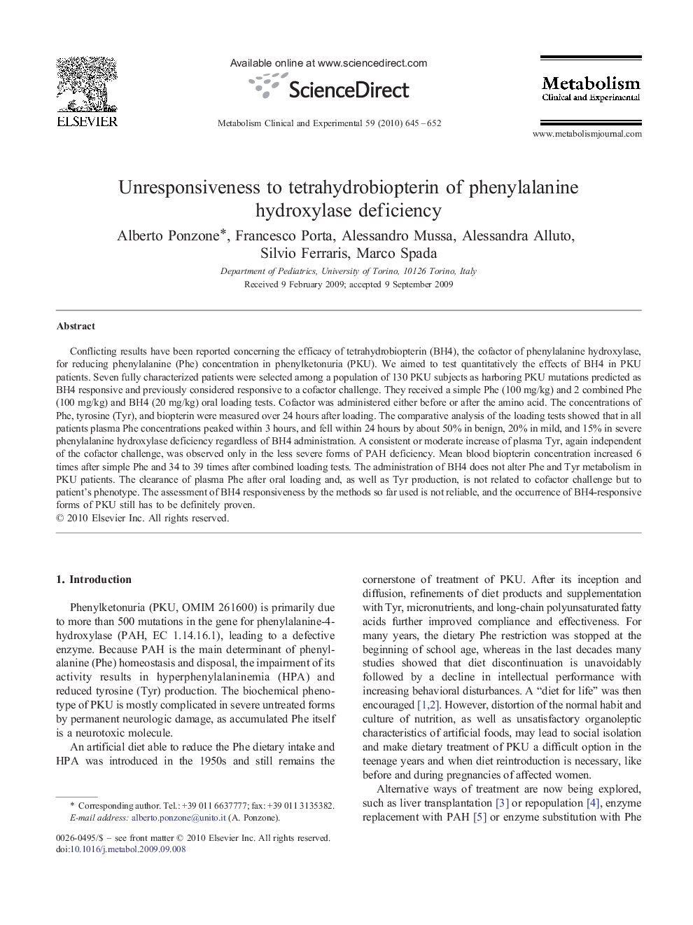 Unresponsiveness to tetrahydrobiopterin of phenylalanine hydroxylase deficiency