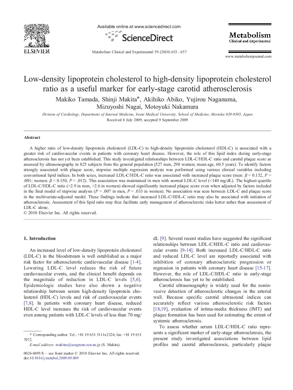 Low-density lipoprotein cholesterol to high-density lipoprotein cholesterol ratio as a useful marker for early-stage carotid atherosclerosis