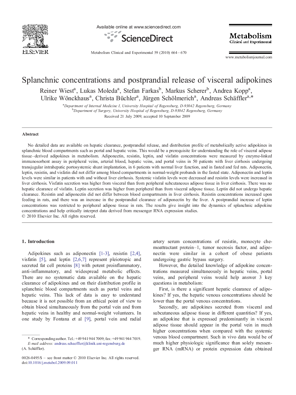 Splanchnic concentrations and postprandial release of visceral adipokines