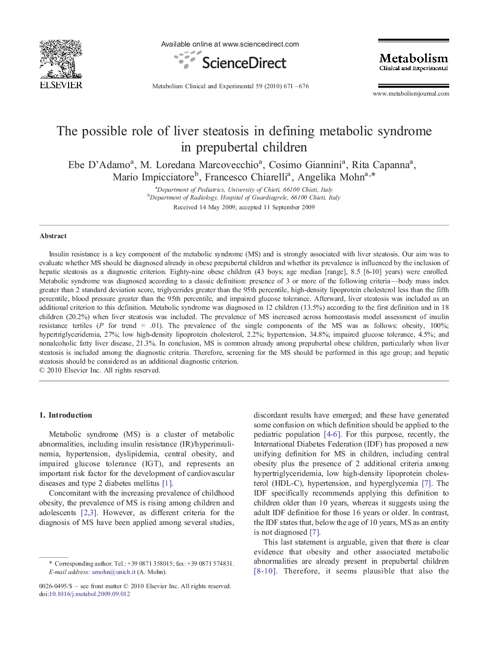 The possible role of liver steatosis in defining metabolic syndrome in prepubertal children