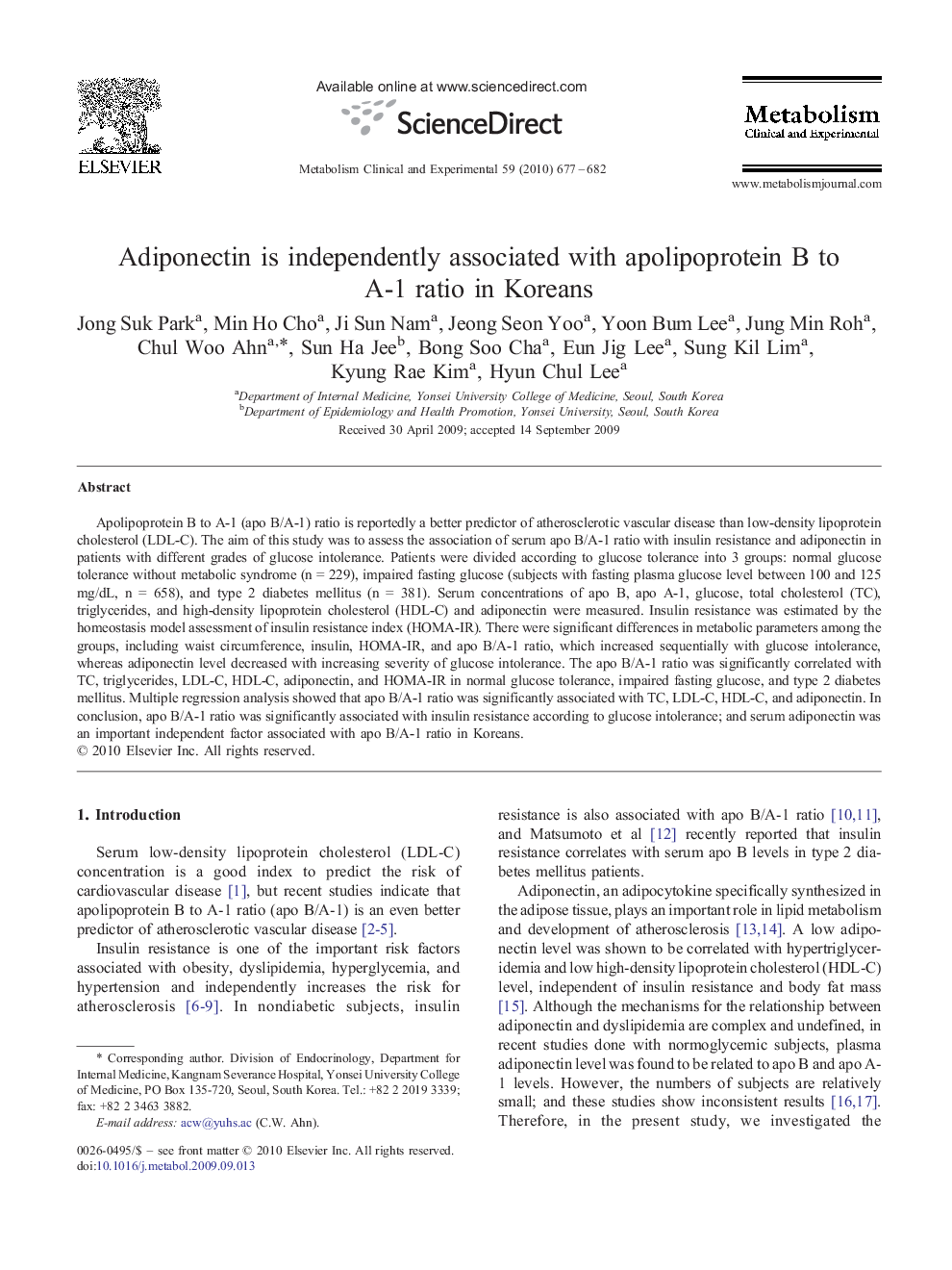 Adiponectin is independently associated with apolipoprotein B to A-1 ratio in Koreans