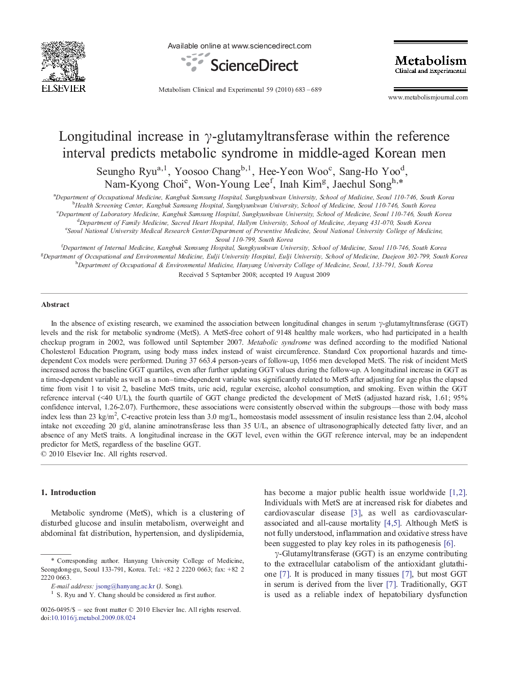 Longitudinal increase in γ-glutamyltransferase within the reference interval predicts metabolic syndrome in middle-aged Korean men