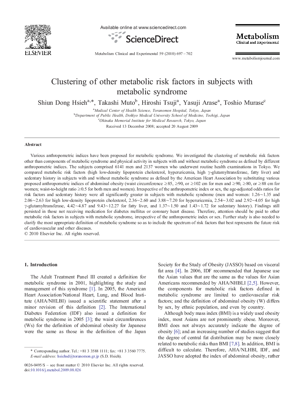 Clustering of other metabolic risk factors in subjects with metabolic syndrome