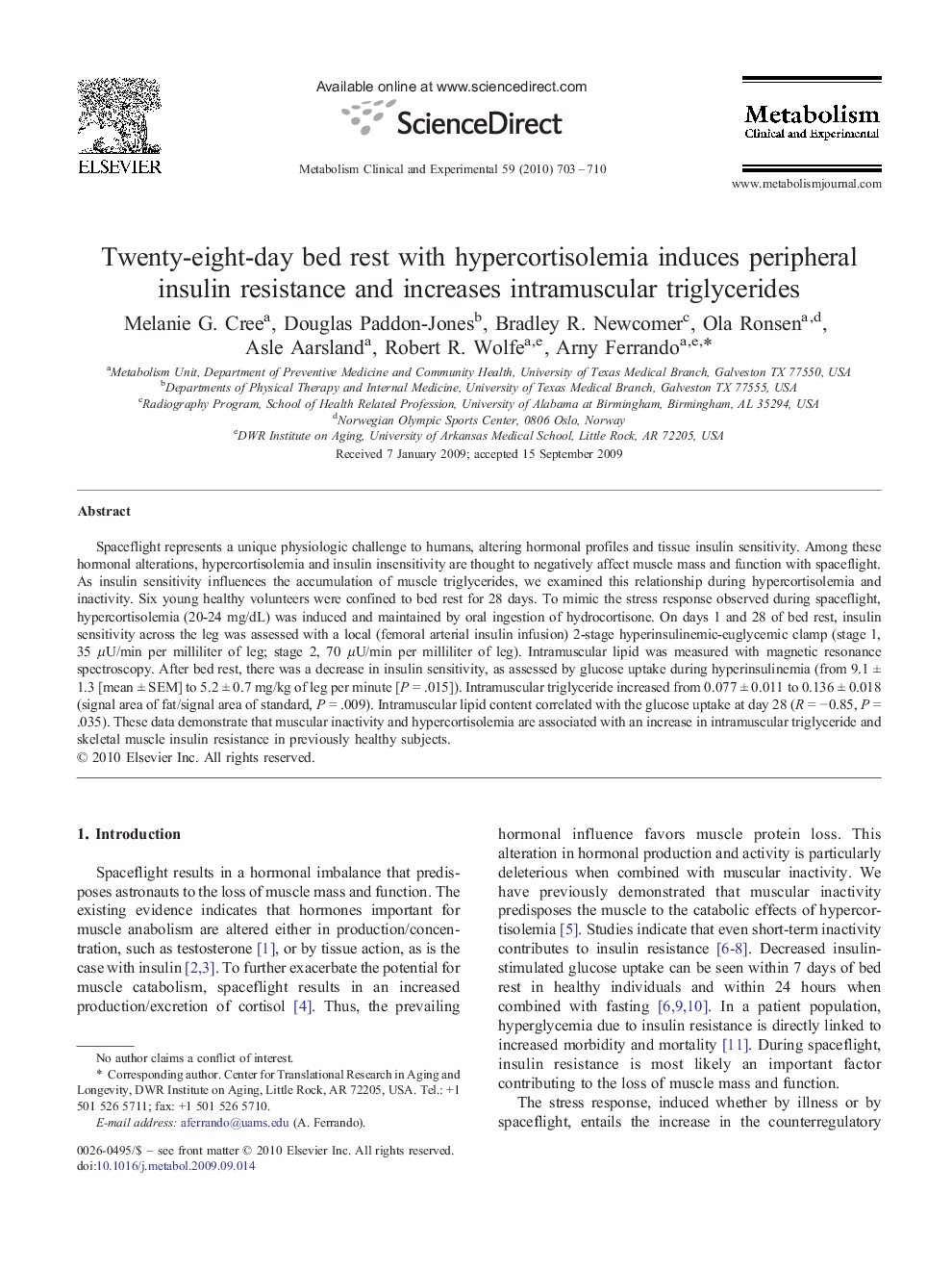Twenty-eight-day bed rest with hypercortisolemia induces peripheral insulin resistance and increases intramuscular triglycerides 