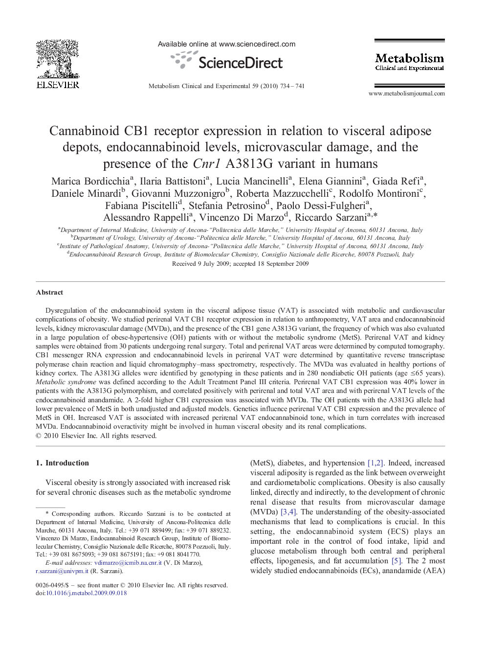 Cannabinoid CB1 receptor expression in relation to visceral adipose depots, endocannabinoid levels, microvascular damage, and the presence of the Cnr1 A3813G variant in humans