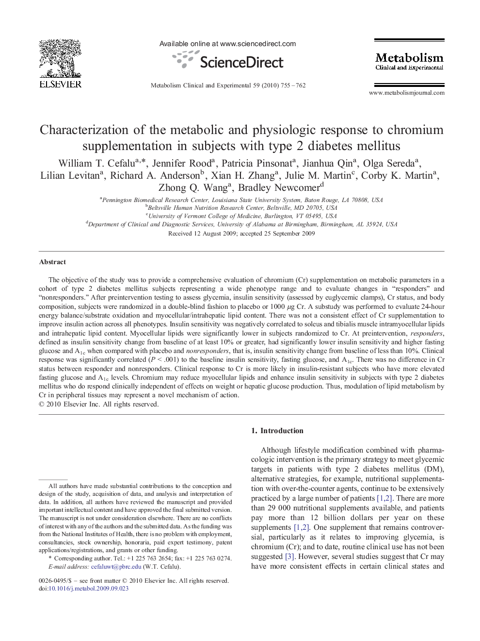 Characterization of the metabolic and physiologic response to chromium supplementation in subjects with type 2 diabetes mellitus 