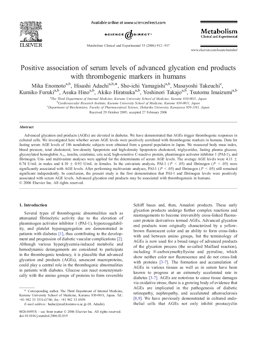 Positive association of serum levels of advanced glycation end products with thrombogenic markers in humans