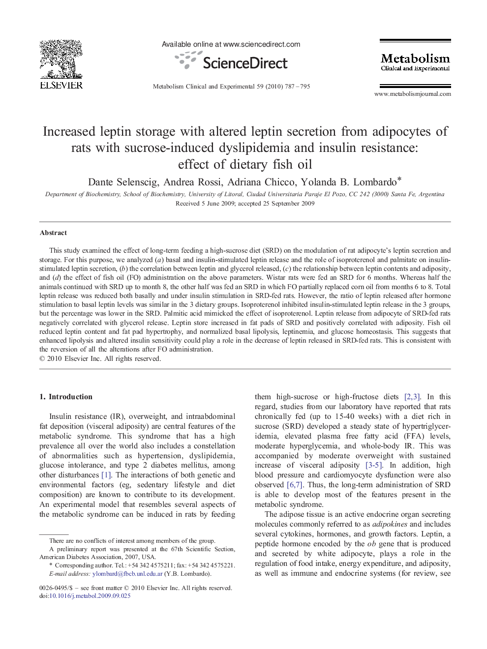 Increased leptin storage with altered leptin secretion from adipocytes of rats with sucrose-induced dyslipidemia and insulin resistance: effect of dietary fish oil