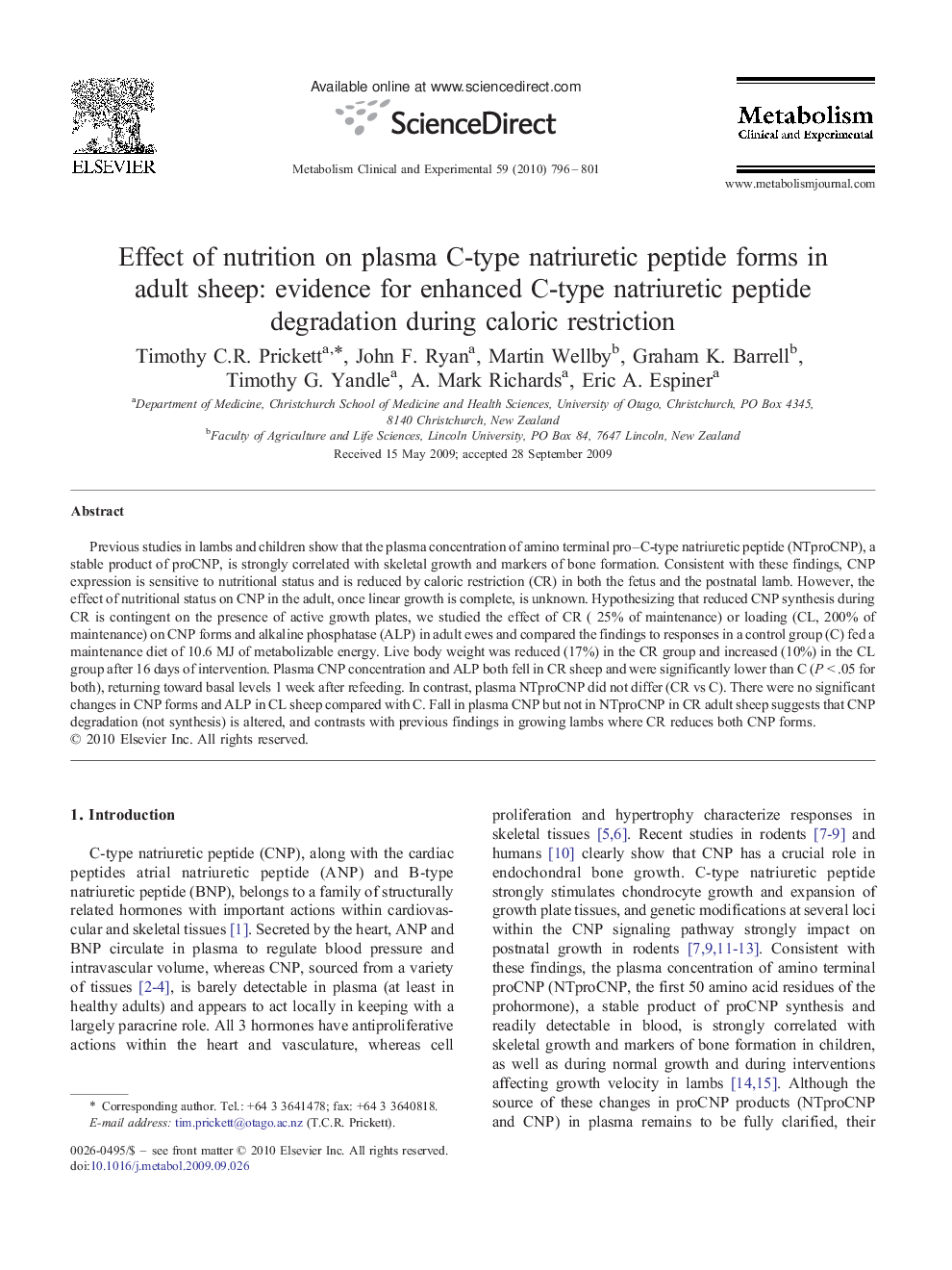 Effect of nutrition on plasma C-type natriuretic peptide forms in adult sheep: evidence for enhanced C-type natriuretic peptide degradation during caloric restriction