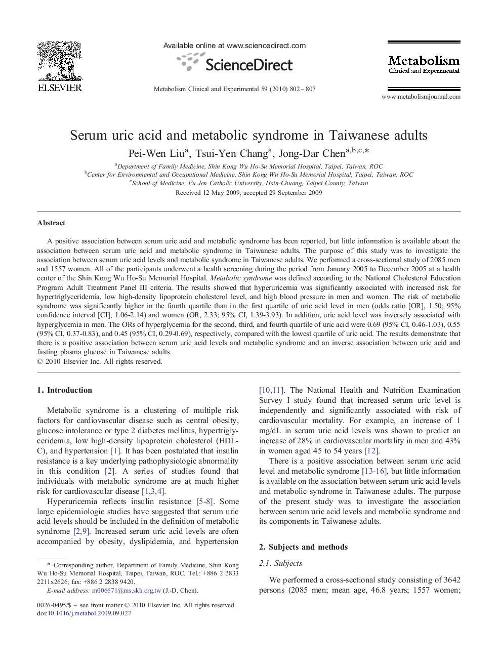Serum uric acid and metabolic syndrome in Taiwanese adults