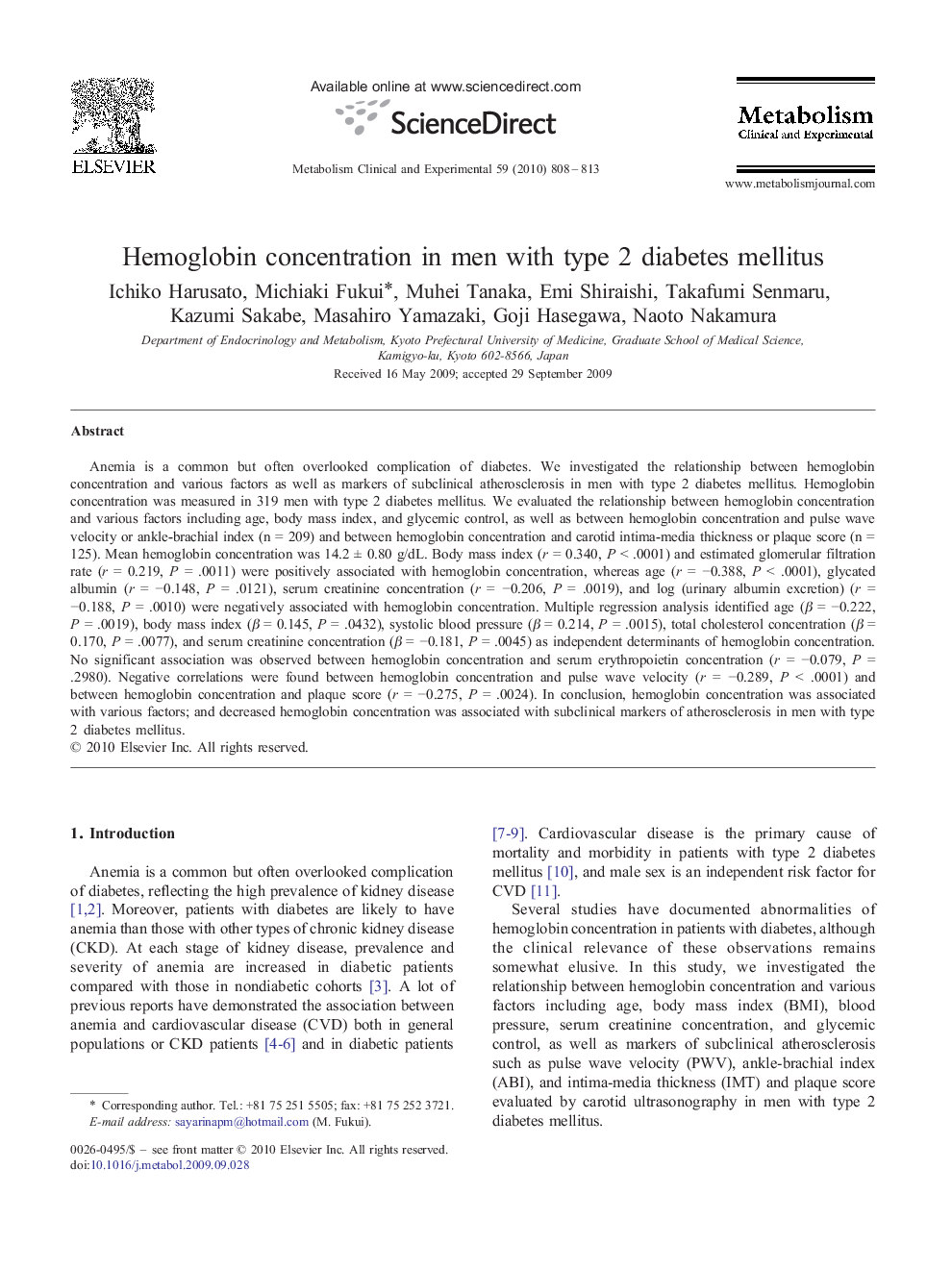 Hemoglobin concentration in men with type 2 diabetes mellitus